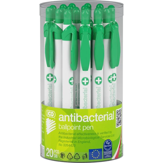 Golyóstoll nyomógombos antibakteriális műanyag test, 0,8mm, Ico, írásszín kék