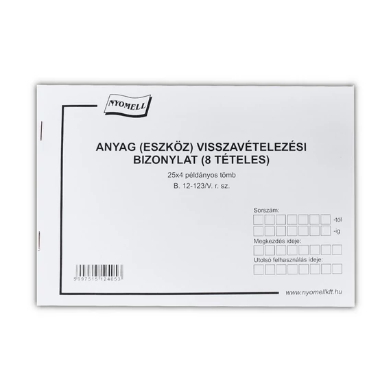 Készlet visszavételezési bizonylat 8 tételes 25x4 lapos tömb A/5 fekvő B.12-123/V Bluering