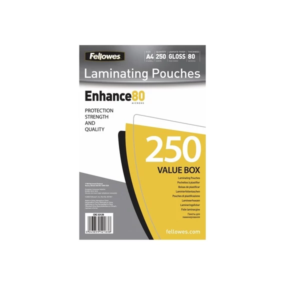 Lamináló fólia, A4, 80 mikron, fényes, 250 db/doboz, Fellowes®