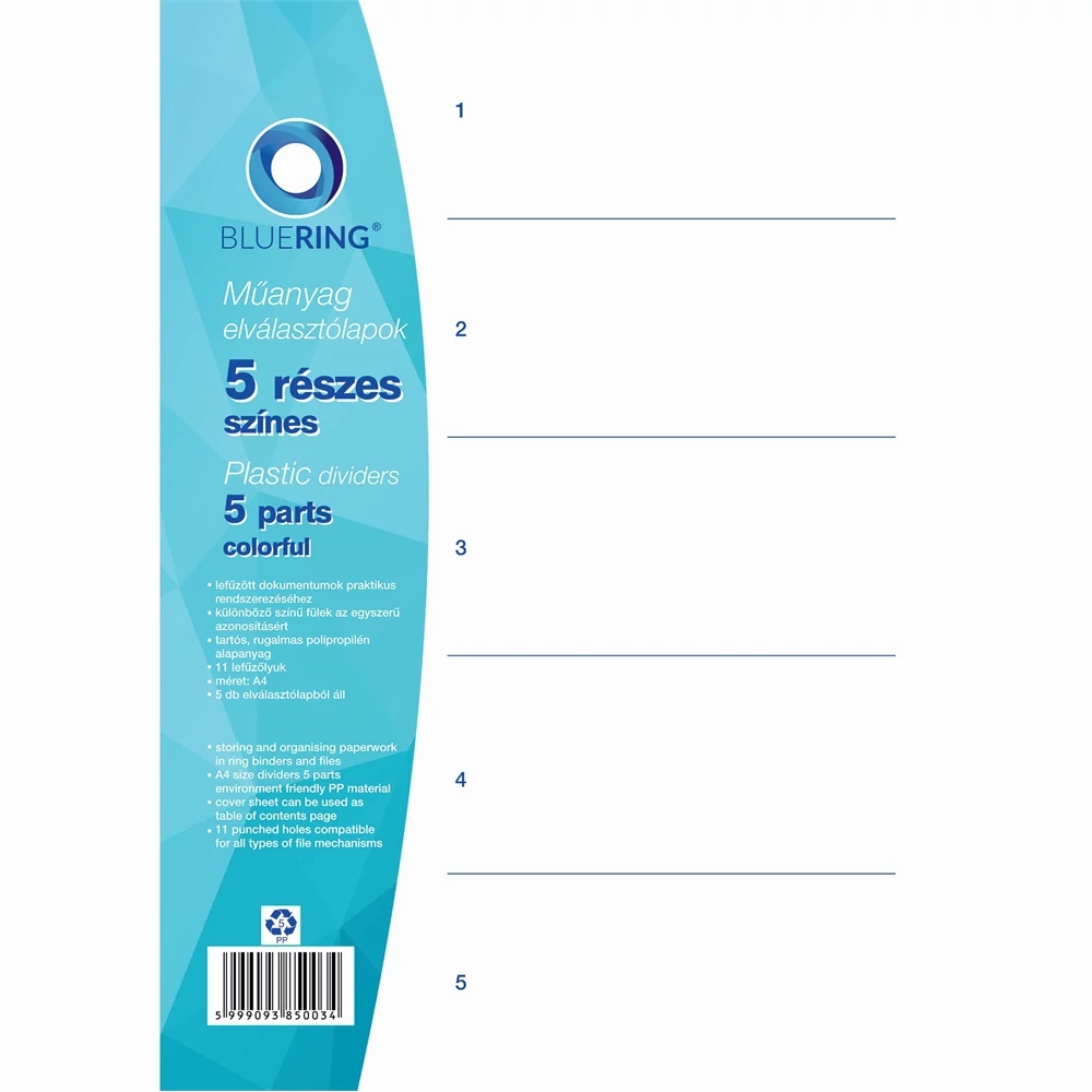Elválasztólap, színes műanyag 5 részes Bluering®