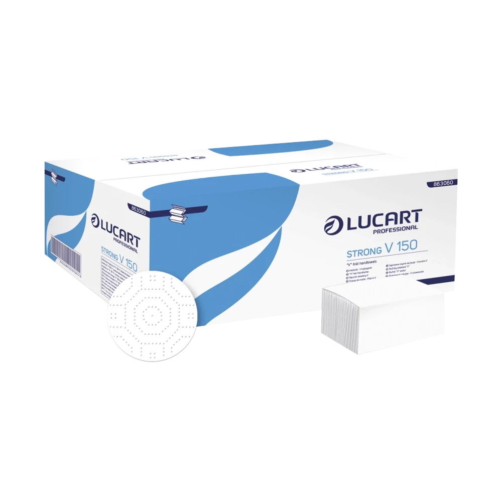 Kéztörlő 2 rétegű  V hajtogatású 100 % cellulóz hófehér 190 lap/cs 20 cs/karton Lucart Strong V2.25_863051